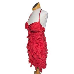 Vtg Y2K Bebe Red Silk Ruched Front Ruffle Detail Open Back Halter Dress Sz 8